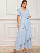 Thumbnail for your product : Shein Surplice Neck Flutter Sleeve Belted Layered Hem Dress