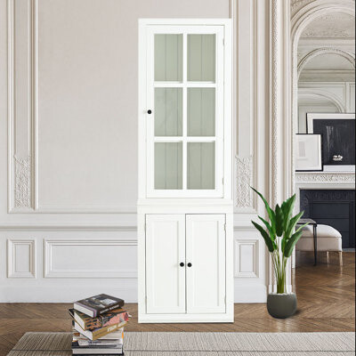 Lark Manor White three doors-storage Cabinet Freestanding Tall Cabinet with Glass Door Adjustable Shelves for Kitchen Dining Room Living Room