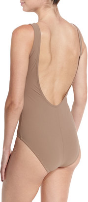 Karla Colletto Entwined Plunge Lace-Up One-Piece Swimsuit, Latte
