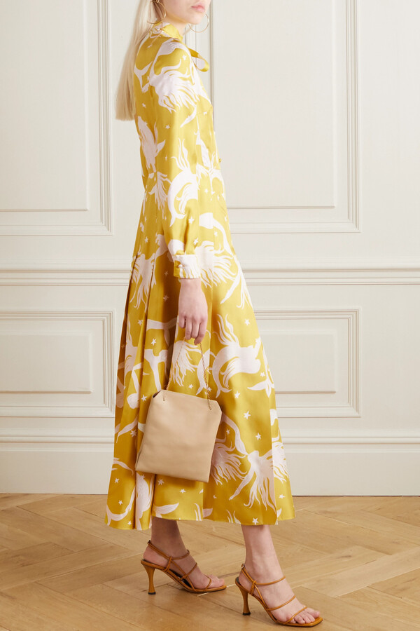 Valentino Pussy-bow Pleated Printed Silk-georgette Midi Dress - Yellow -  ShopStyle