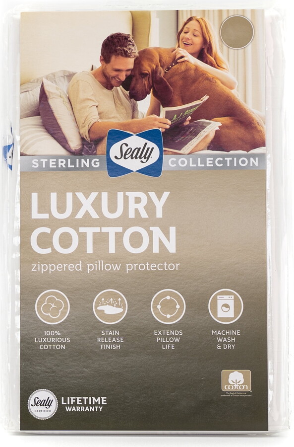 Sealy Luxury Cotton Pillow Cover Protector, King, White- Stain Release Zippered