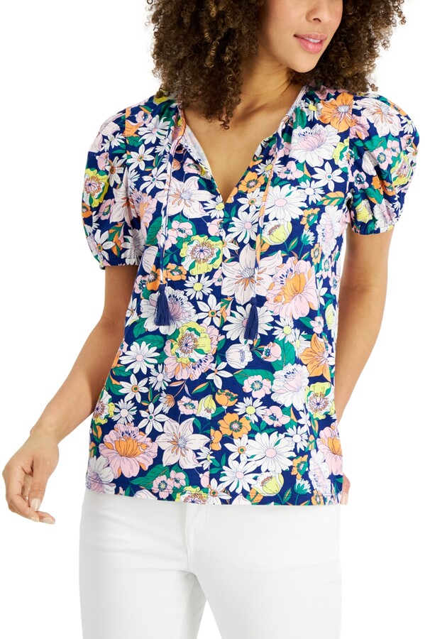Blue NWT STYLE & CO Women's Plus Floral Center Short Sleeve Knit Top 