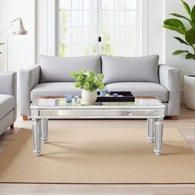 Ivy Bronx Mirrored Coffee Table, Vintage Carved Wooden, Rectangle Glass Tea Table With Mirrored Finish, Modern Center Table For Living Room And Office (24\ D X