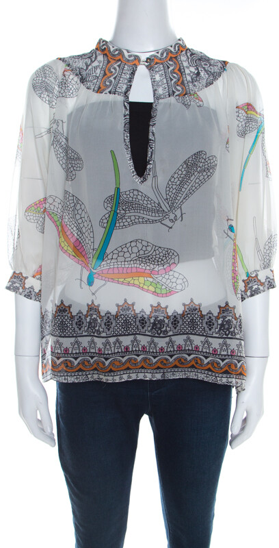 Matthew Williamson Off White Dragonfly Printed Silk Chiffon Sheer Blouse M