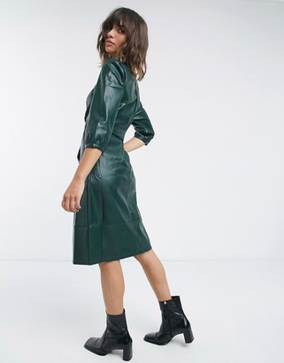 Vero Moda leather look midi dress with belted waist in dark green