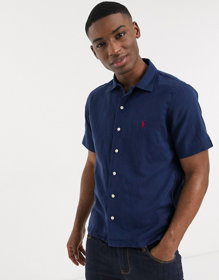 Polo Ralph Lauren short sleeve linen blend cuban revere collar shirt custom  regular fit player logo in navy - ShopStyle