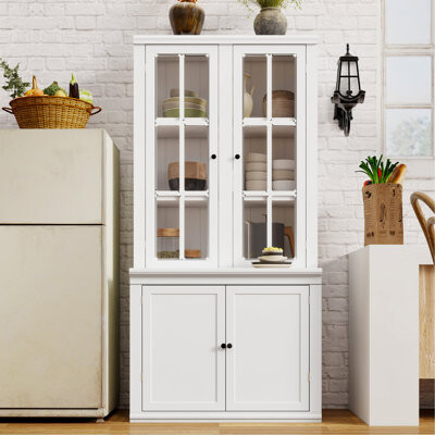 One Allium Way Freestanding Pantry Cabinet With Glass Door, Farmhouse Display Cabinets With Storage, Hutch With Lattice Window For Hallways, Livingroom Kitchen & Off