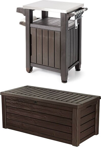 Keter KeterUnity40GallonStainlessSteelTopGrillingBarCartwithWestwood150GallonPlasticOutdoorFurnitureStorageDeckBox,Brown