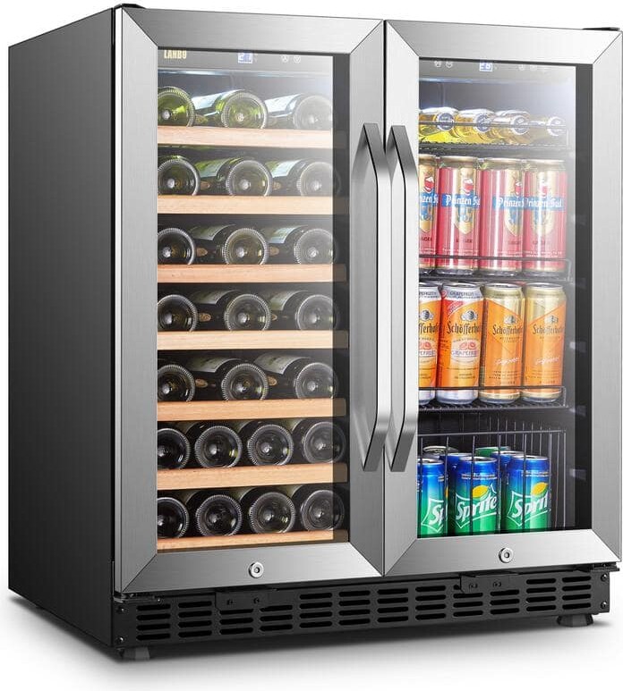 Lanbo Wine Refrigerator 30 in. Dual Zone 33-Bottle 70-Can Beverage and Wine cooler in Stainless Steel
