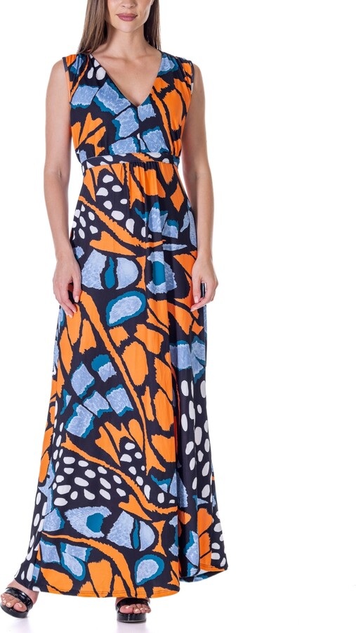24seven Comfort Apparel Green V Neck Empire Waist Sleeveless Maxi Dress