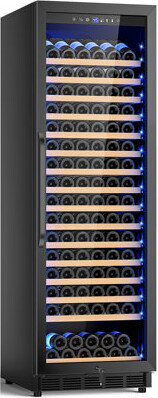 Velivi 189 Bottle Built-in/Freestanding Single Zone Wine Refrigerator with Adjustable Thermostat Blue LED Lighting 16 Removable Beech Wood Shelves UV-Resi