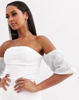 Thumbnail for your product : Club L London bandeau dress with sequin balloon sleeve detail in white