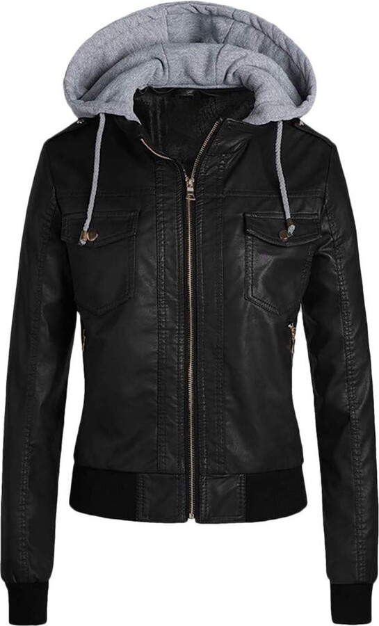 SoonerQuicker Biker Jacket Faux Leather Jacket Women Plus Size Hoodie  Womens Motorcycle Jacket Long Sleeve Zipper Outerwear Black - ShopStyle