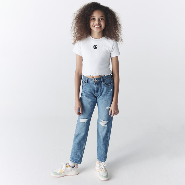 Kind Society River Island Girls White Ribbed Ruffle Hem Crop T