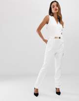 Thumbnail for your product : Morgan plunge wrap front jumpsuit with hardware belt detail in white
