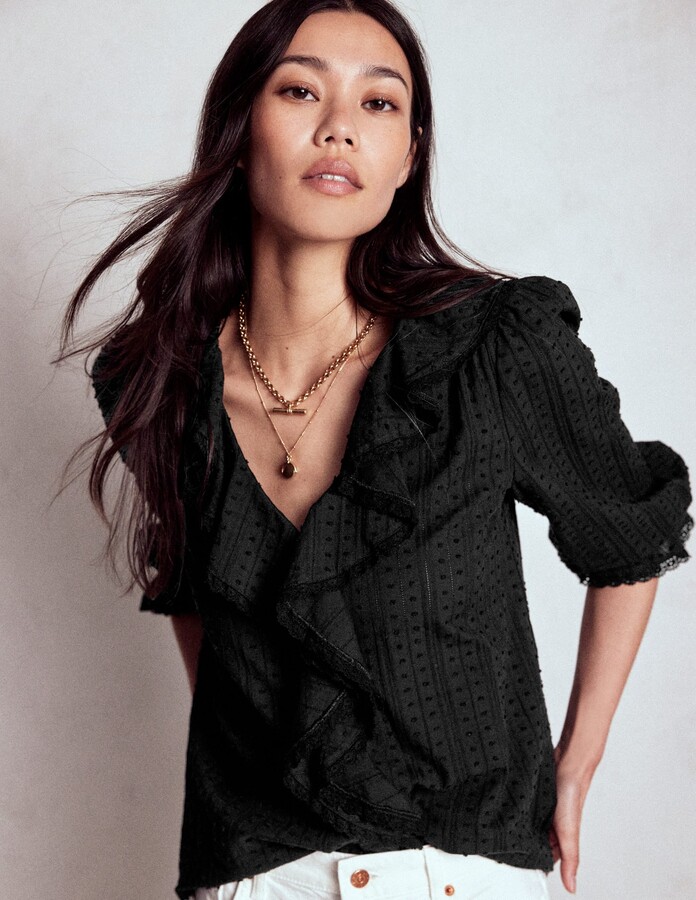 Ruffle V-Neck Blouse, Black