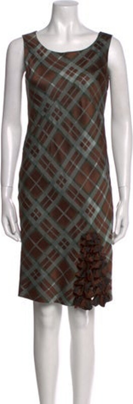 Givenchy Silk Shift Dress Vintage Brown Plaid Print Ruffle Embellishment Sleeveless with Scoop Neck Concealed Zip Closure at Side Designer