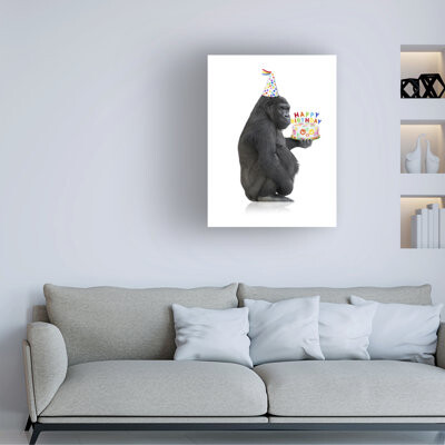 Wrapped Canvas Wall Art - John Hovenstine 'Birthday Gorilla with Cake' Wall Art for Living Room, Bedroom, or Office Décor - 35x47