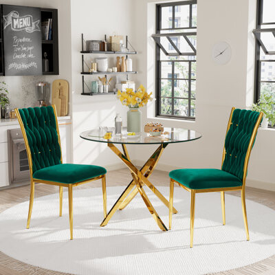 Glass Round Dining Table Set with 2 or 4 Luxury Velvet Upholstered Dining Chairs