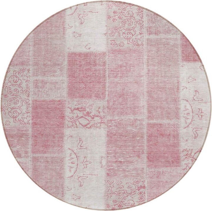 HomeRoots Pink, Blush, Ivory 8 ft. Round Woven Plaid Polyester Round Indoor/Outdoor Area Rug