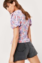 Thumbnail for your product : Nasty Gal Womens Floral Short Puff Sleeve Button Up Blouse - Black - 12