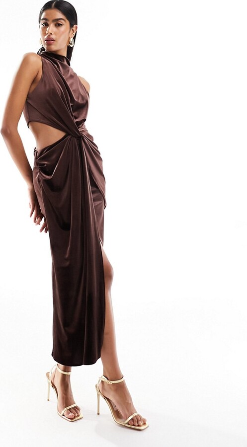 ASOS DESIGN velvet high neck drape minimal cut out midi dress in chocolate  - ShopStyle