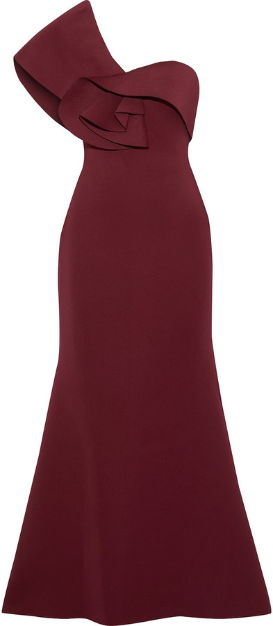 badgley mischka red cold shoulder gown