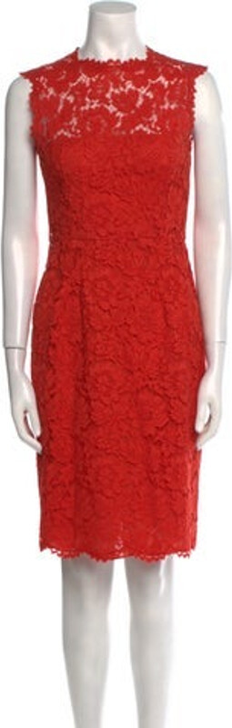 Valentino Lace Sheath Dress Red Lace Pattern Lace & Bow Accents Sleeveless with Crew Neck Concealed Zip Closure at Back Designer