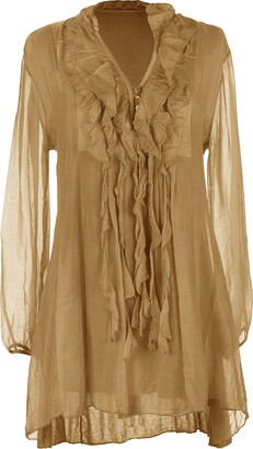 TEXTURE Ladies Womens Italian Lagenlook Long Sleeve 3 Button Frill V Neck  Tassel Silk Tunic Top Blouse Shirt One Size (Camel - ShopStyle