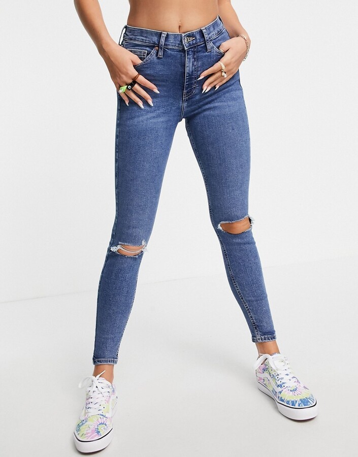 Topshop Jamie double rip jeans in mid blue - ShopStyle