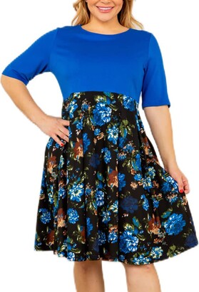 MIAMINE Plus Size Dresses for Women Fit and Flare Floral Print Pleated Vintage Fall A Line Casual Dress with Pockets (Pri-DK Blue - ShopStyle