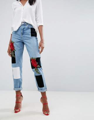 ASOS Original Mom High Waist Slim Mom Jeans With 3d Embroidery And Velvet Detail In Lucinda Light Wash Blue