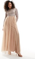 Thumbnail for your product : Maya Bridesmaid long sleeve maxi tulle dress with tonal delicate sequin in muted blush