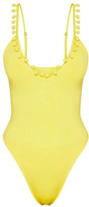PrettyLittleThing Yellow Scoop Neck Pom Pom Trim Swimsuit