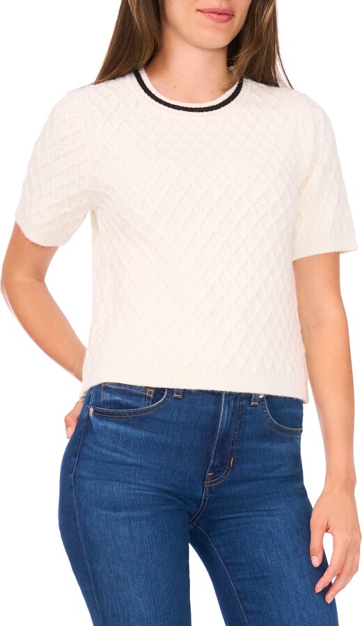 Halogen Diamond Stitch Short Sleeve Sweater