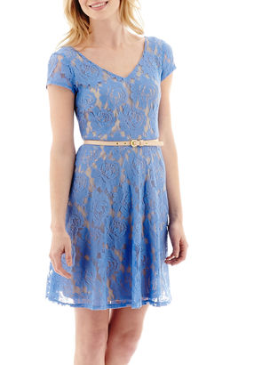 JCPenney Danny & Nicole Short-Sleeve Belted Lace Fit-and-Flare Dress - Petite
