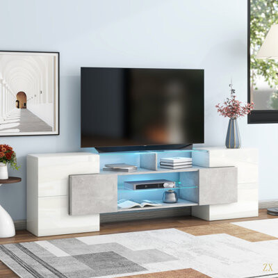 Unique Shape TV Stand With 2 Illuminated Glass Shelves, High Gloss Entertainment Center For Tvs Up To 88", Versatile TV Cabinet With LED Color Changin