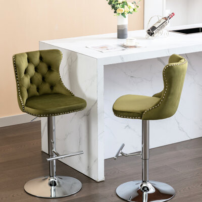 House of Hampton Velvet Of 2 360° Swivel Adjustable Seat Height 25 - 33 Inch Back Olive For Kitchen Island Pub Home Modern Upholstered  Inch Height