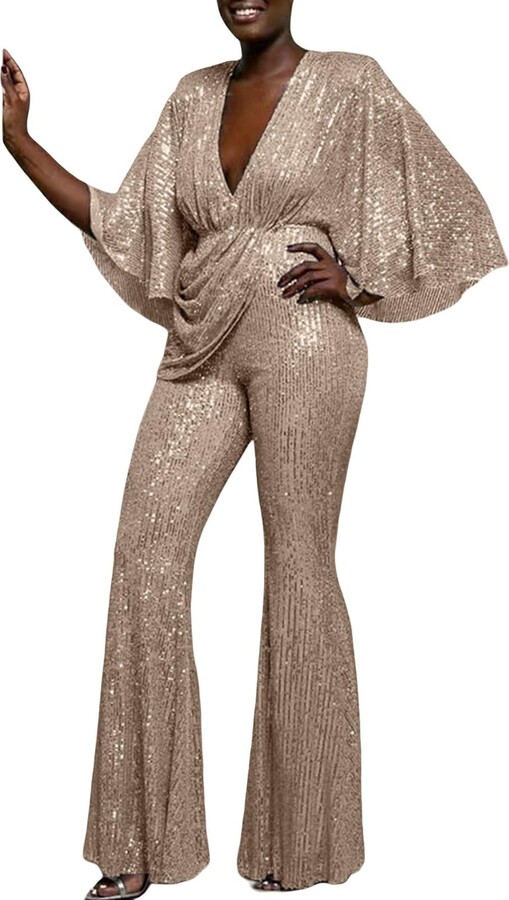 Long Sleeve Gold Sequin Jumpsuit Plus Size Sequin Jumpsuit With