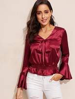 Thumbnail for your product : Shein Tie Neck Shirred Panel Bell Sleeve Satin Top