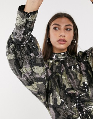ASOS Tall ASOS DESIGN Tall mini dress in camo sequin in slouchy fit with belt
