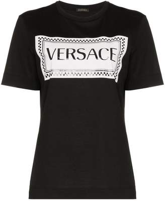 Versace logo and check print cotton t-shirt
