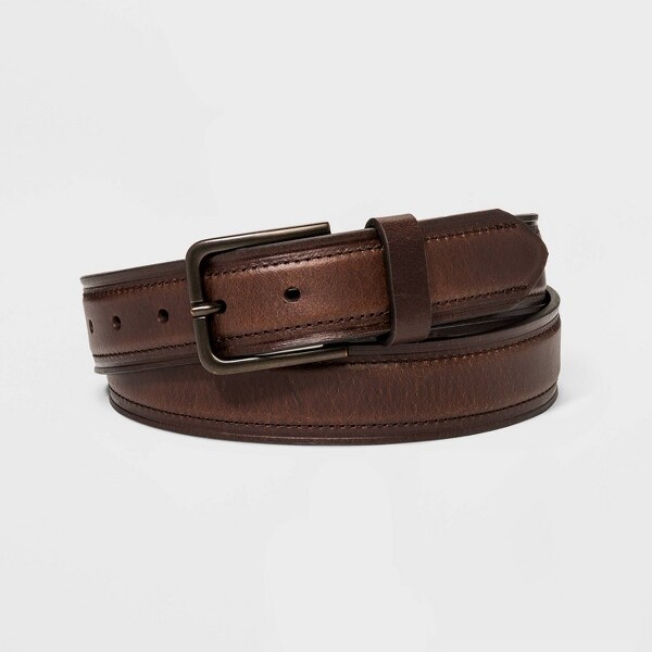 Men' Leather Strap with Heat Creae & Edge Stitch Belt Goodfellow & Co