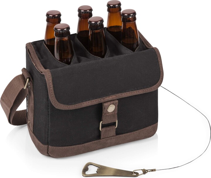 Picnic Time Beer Caddy, Drink Caddy and 6-pack Cooler Tote, Drink Carrier with Handle, Bottle Opener, Removable Divider, Shoulder Strap Gifts for Beer Lovers, (Black with Brown Accents)