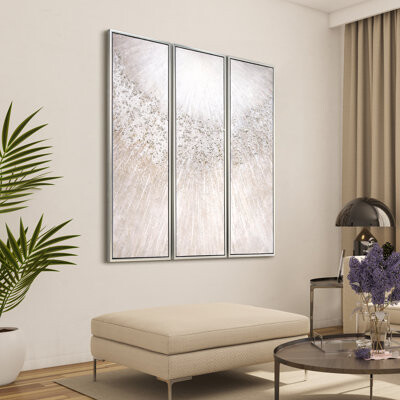Silver Radiant Trio Textured Glitter Hand Painted Framed Canvas Wall Art with Silver Leaf