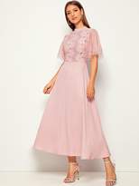 Thumbnail for your product : Shein Dobby Mesh Sleeve Lace Bodice Fit and Flare Dress