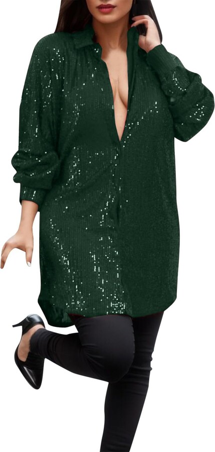 Generic Womens Oversized Longline Sequin Shirt Fashion Long Sleeve