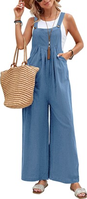 FEOYA Women's Loose Fit Cotton Linen Overalls Sleeveless Baggy Wide Leg  Rompers Jumpsuits Casual Summer Beach Playsuit Wine Red L - ShopStyle