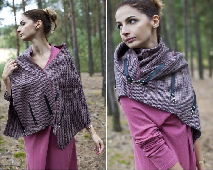 Etsy Warm & Cosy Winter Large Modern Scarf Pink Grey Handmade Poncho With Leather Double Wrap Checkered Infinity Gift For Her