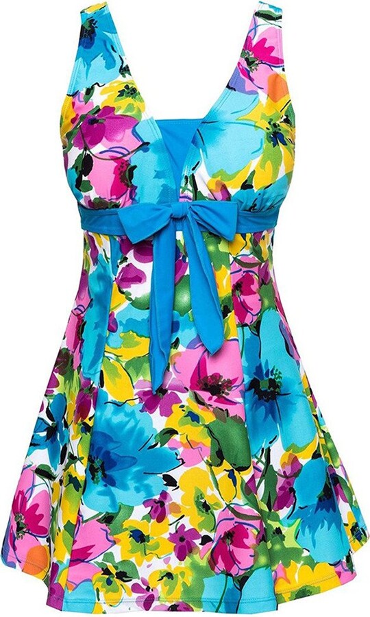 ECUPPER Womens One Piece Swimsuit Plus Size Swimwear Floral Printed Swimming Costume with Skirt